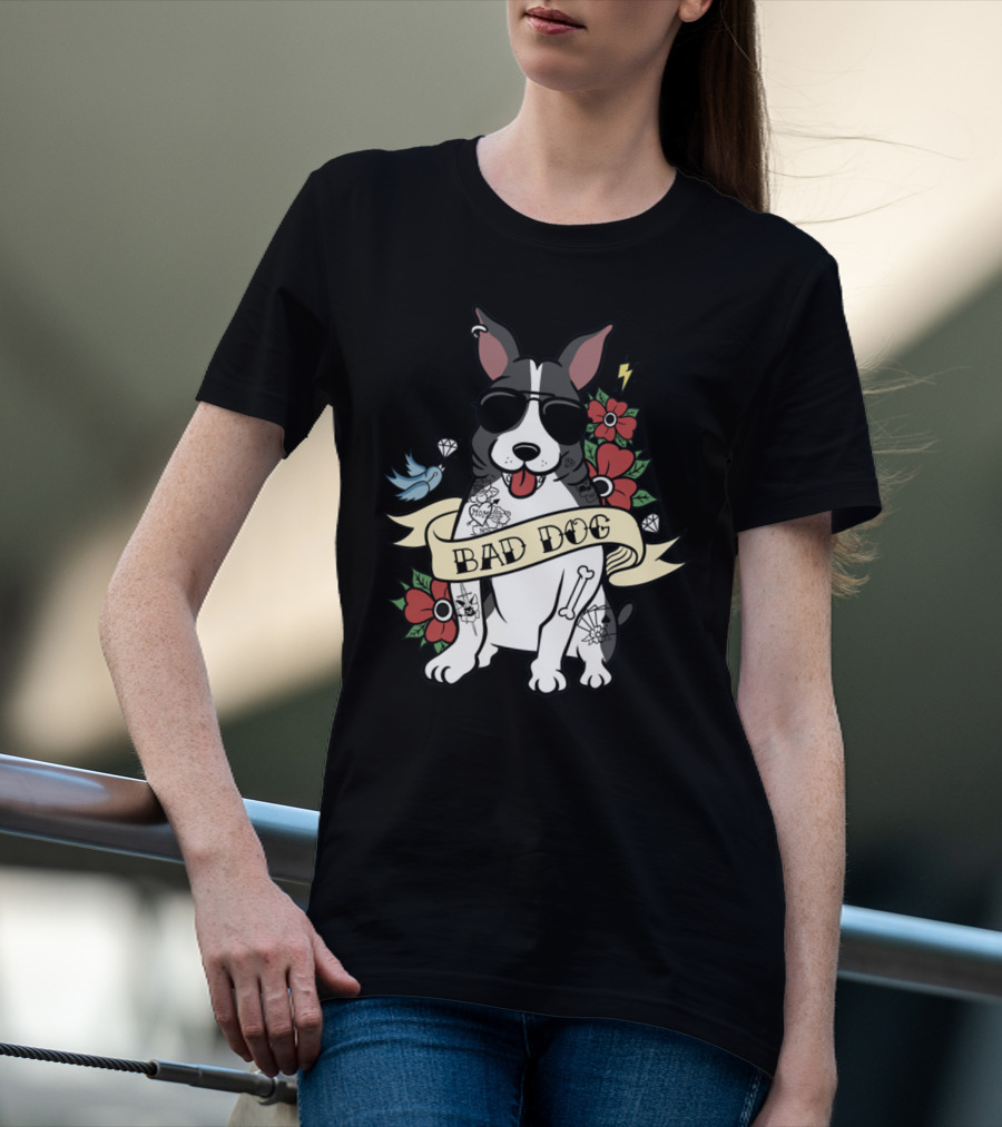 BAD DOG BOSTON TERRIER WITH TATTOOS AND SUNGLASSES FLORAL AND LIGHTNING T-Shirt