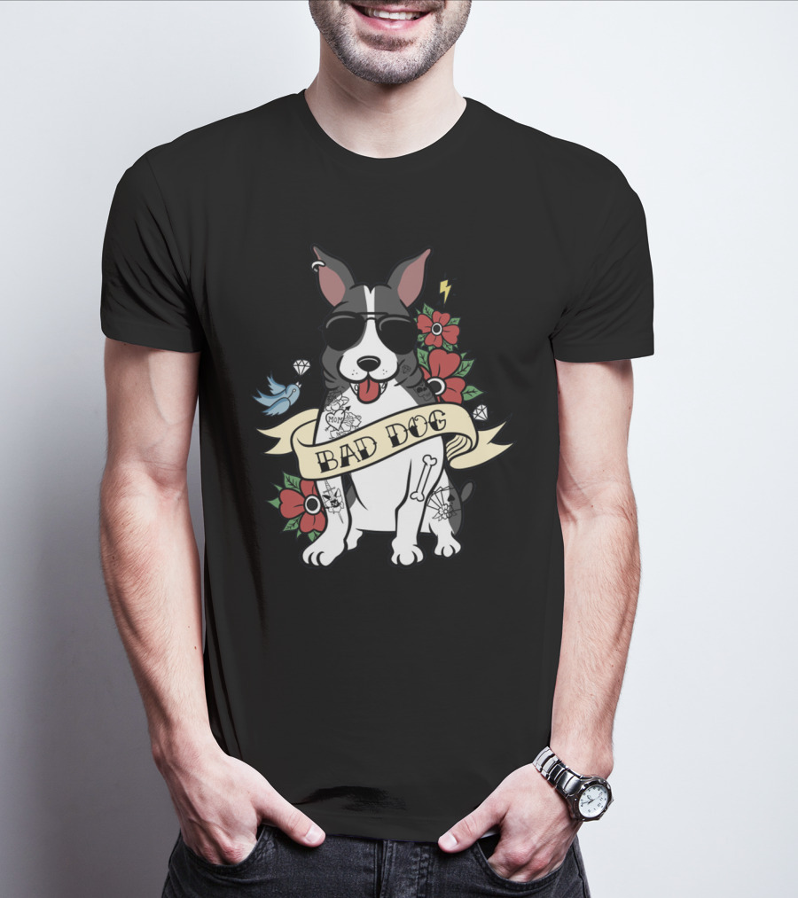 BAD DOG BOSTON TERRIER WITH TATTOOS AND SUNGLASSES FLORAL AND LIGHTNING T-Shirt