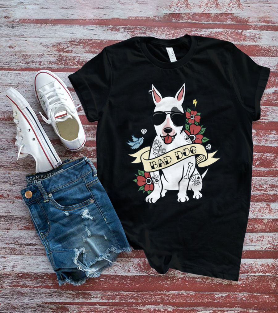 BAD DOG Tattooed Bull Terrier With Sunglasses And Flowers T-Shirt