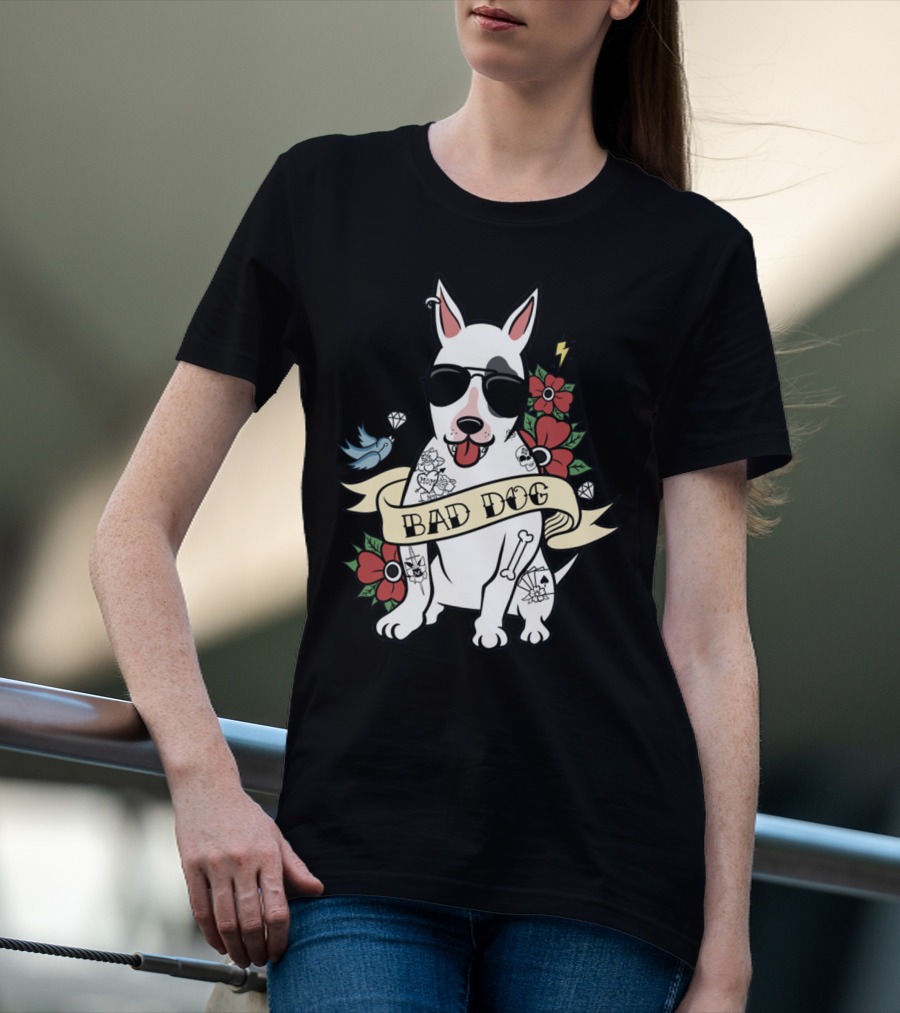 BAD DOG Tattooed Bull Terrier With Sunglasses And Flowers T-Shirt