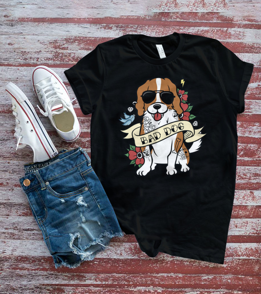 Cavalier Bad Dog With Tattoos And Sunglasses Surrounded By Flowers And Symbols T-Shirt