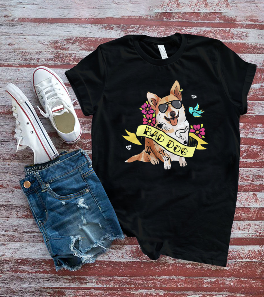 BAD DOG CORGI WITH SUNGLASSES AND FLOWERS T-Shirt