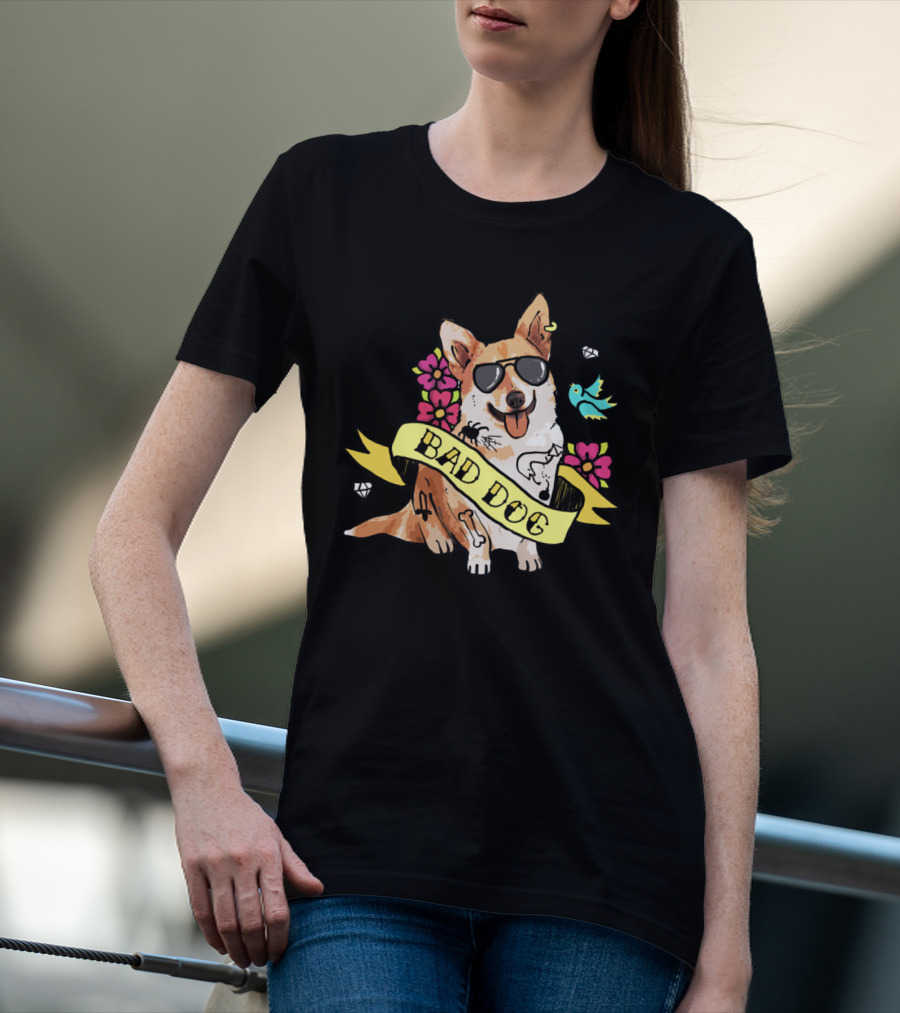 BAD DOG CORGI WITH SUNGLASSES AND FLOWERS T-Shirt