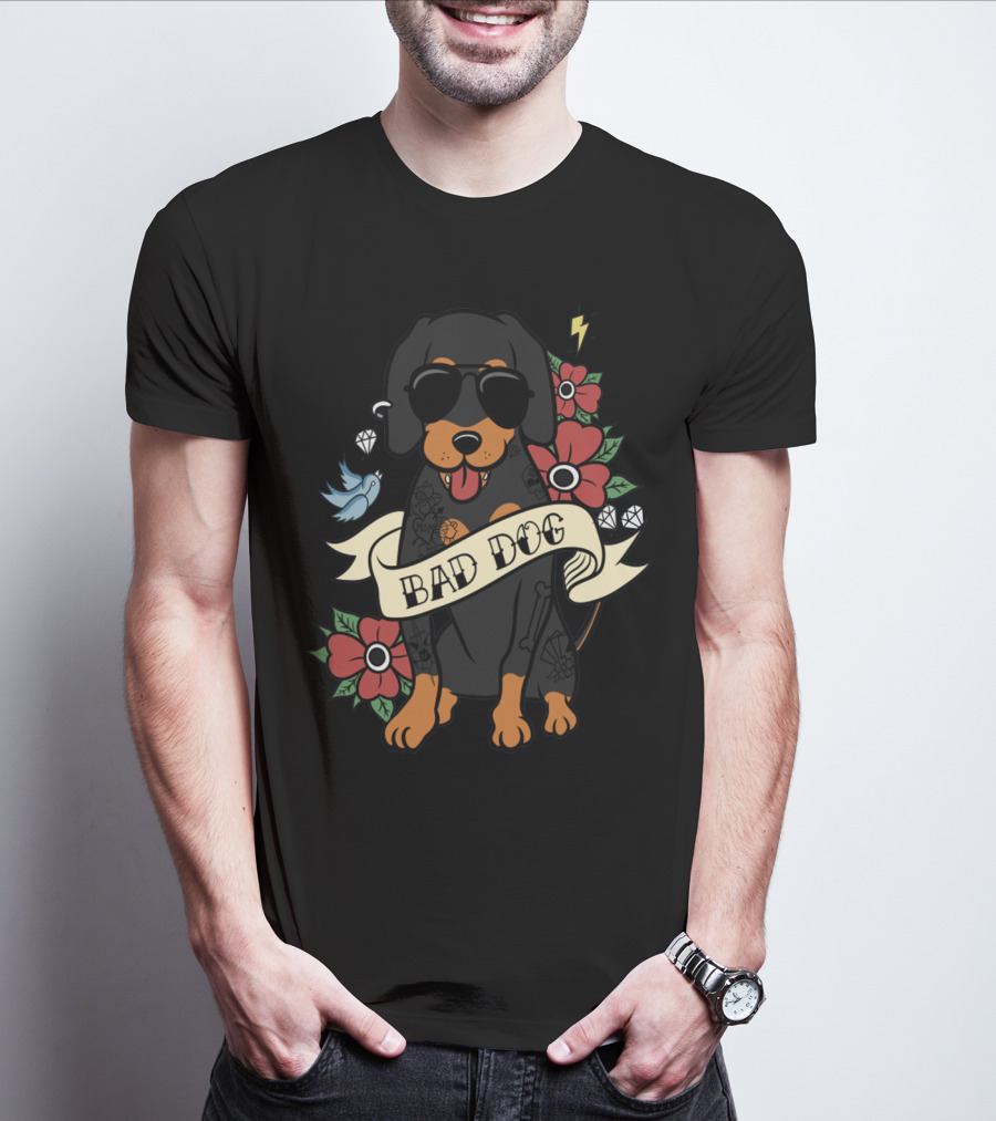 BAD DOG COOL DACHSHUND WITH SUNGLASSES AND TATTOOS SURROUNDED BY FLOWERS AND LIGHTNING T-Shirt