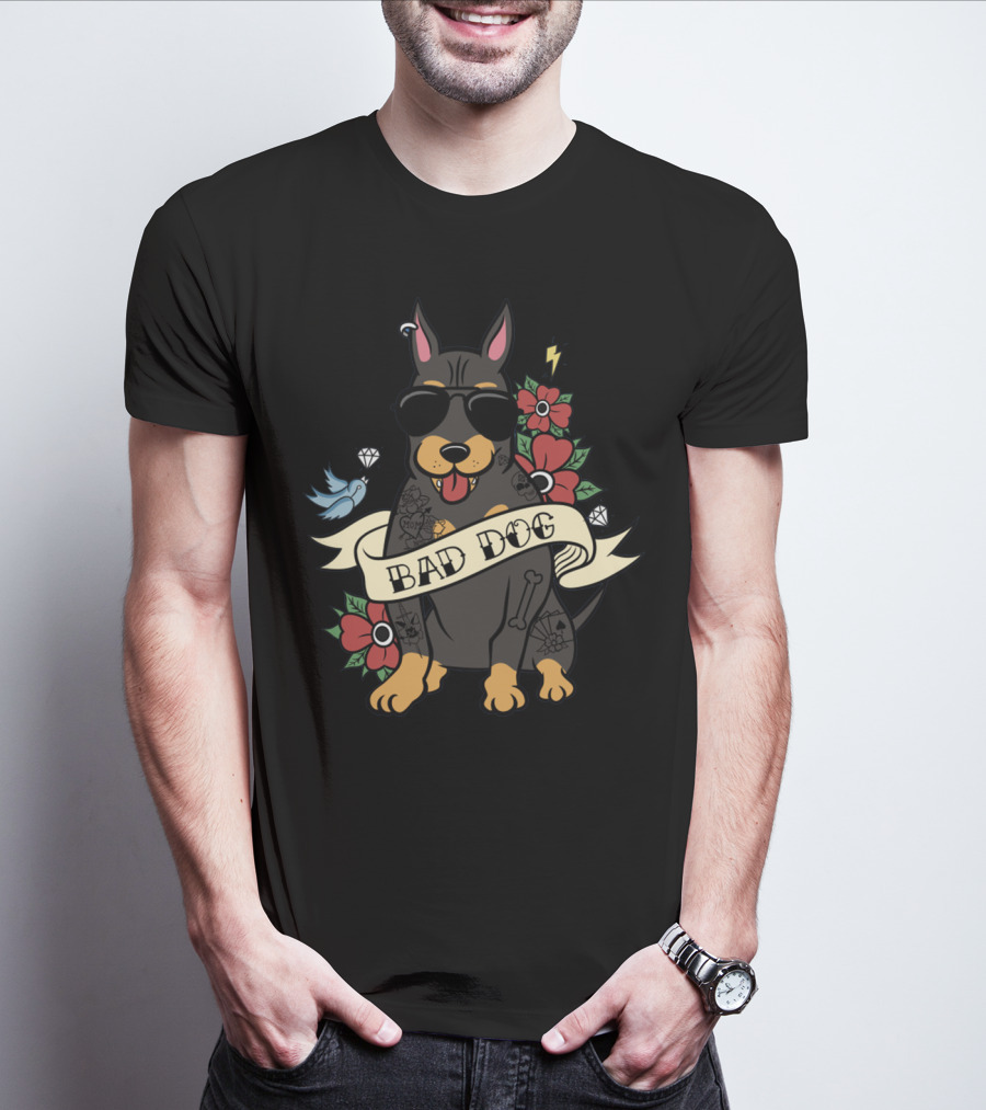 BAD DOG DOBERMAN WITH SUNGLASSES AND TATTOOS SURROUNDED BY FLOWERS AND BIRD ICONS T-Shirt