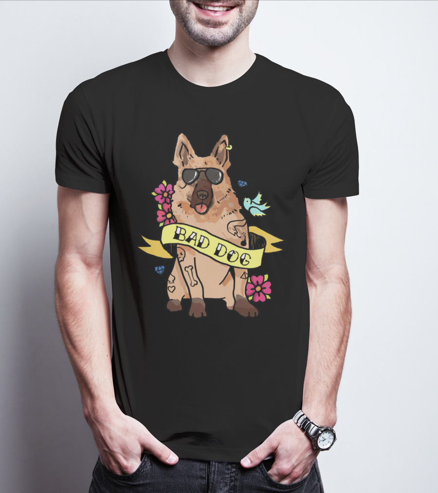 German Shepherd Bad Dog Cool Sunglasses Tattoo Style Flowers And Bird Banner T-Shirt