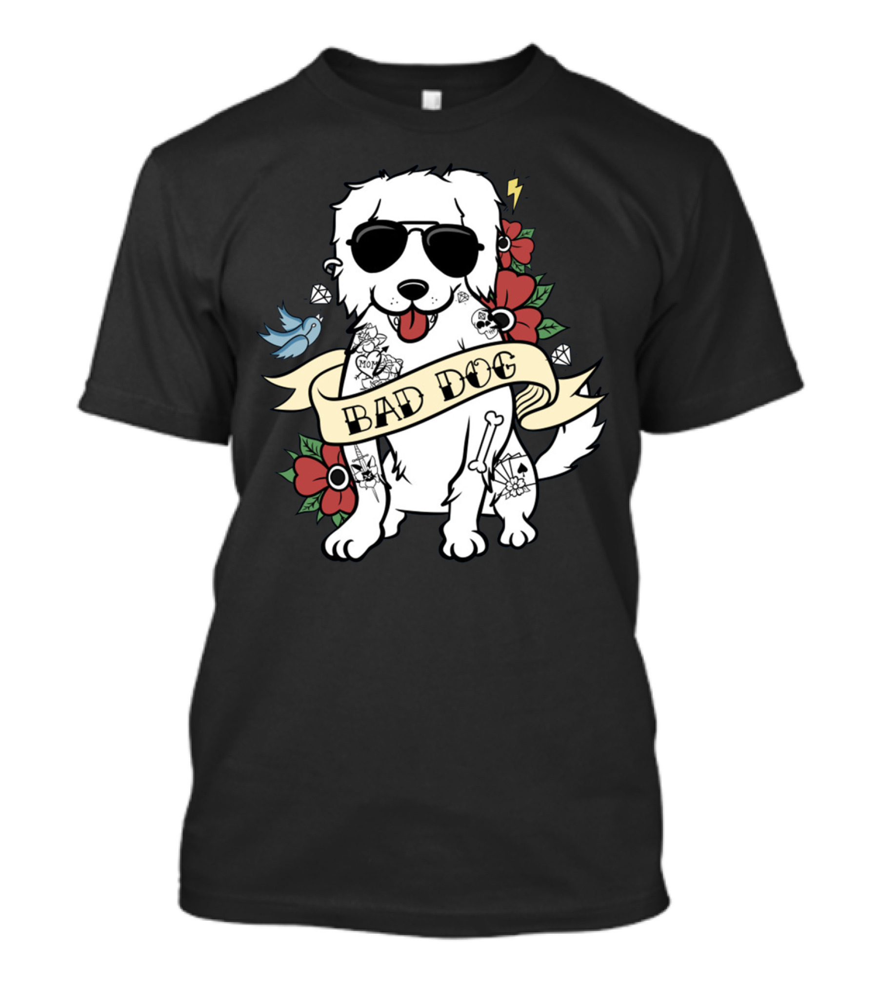 GREAT PYRENEES BAD DOG WITH SUNGLASSES AND TATTOO STYLE FLOWERS T-Shirt