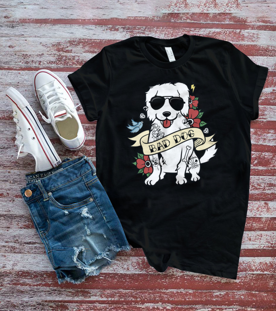 GREAT PYRENEES BAD DOG WITH SUNGLASSES AND TATTOO STYLE FLOWERS T-Shirt