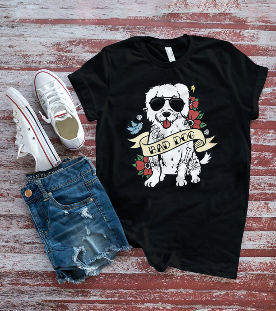 Maltese Bad Dog With Sunglasses And Tattoo Style Surrounded By Flowers And Diamonds T-Shirt