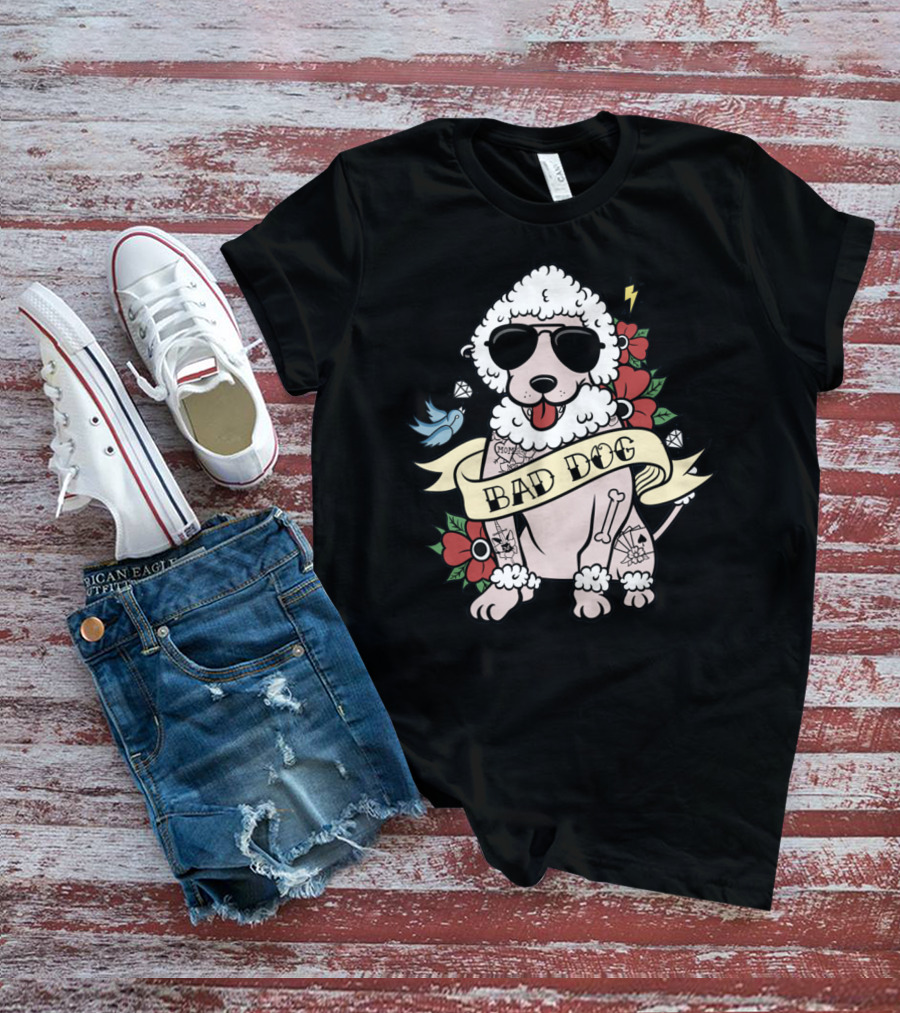 Poodle Bad Dog Wearing Sunglasses Tattoo Style With Lightning Flowers And Blue Bird T-Shirt