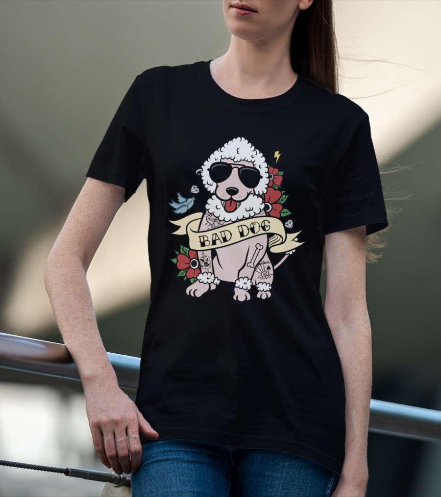 Poodle Bad Dog Wearing Sunglasses Tattoo Style With Lightning Flowers And Blue Bird T-Shirt