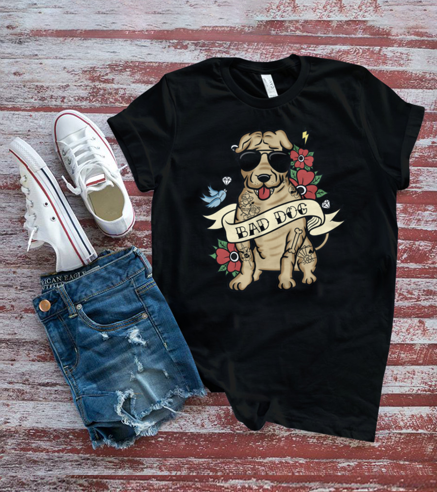 Shar Pei Bad Dog With Sunglasses Tattoos Flowers And Lightning T-Shirt
