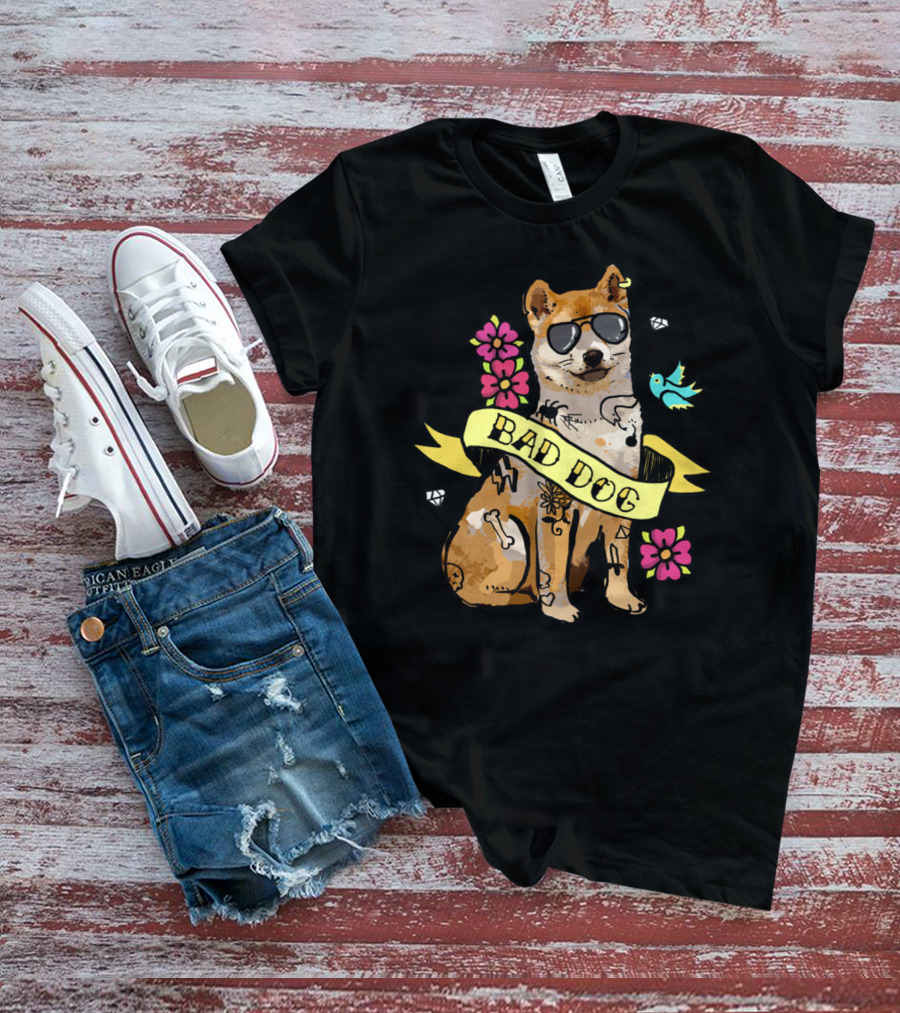 Shiba Inu Bad Dog With Sunglasses And Tattoos Ribbon Art Flowers Bird Diamond T-Shirt