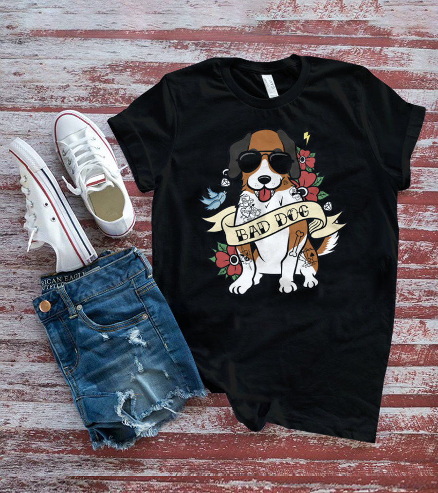 St Bernard Bad Dog Sunglasses Tattoo Flowers Bird Lightning Jewelry T-Shirt