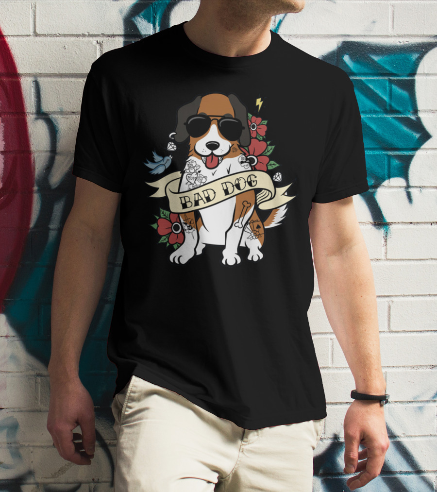 St Bernard Bad Dog Sunglasses Tattoo Flowers Bird Lightning Jewelry T-Shirt