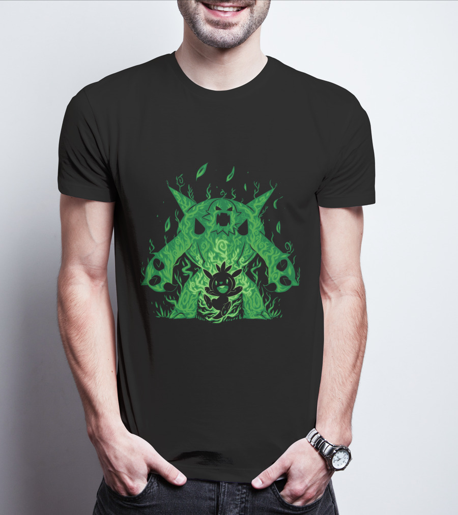 Pokemon Evolution Chesnaught Chespin Silhouette Glowing Green Flames T-Shirt