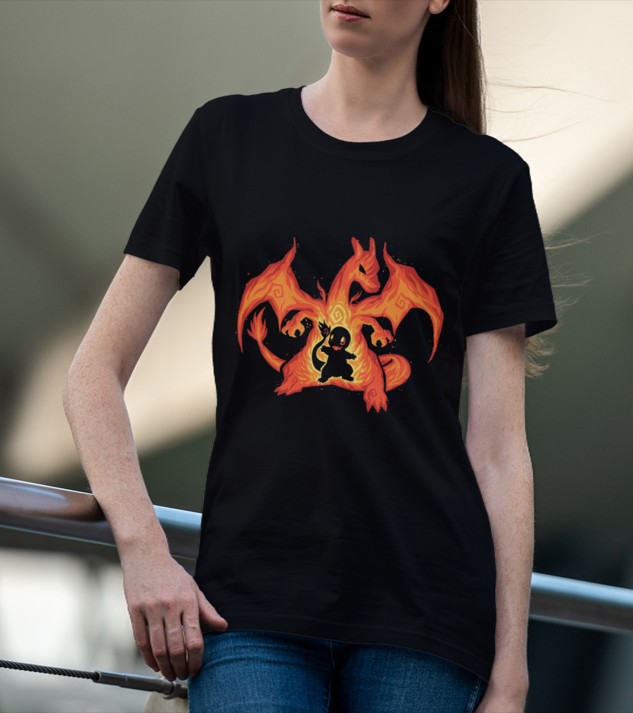 EVOLUTION CHARIZARD AND CHARMANDER POKEMON FIRE TRANSFORMATION T-Shirt