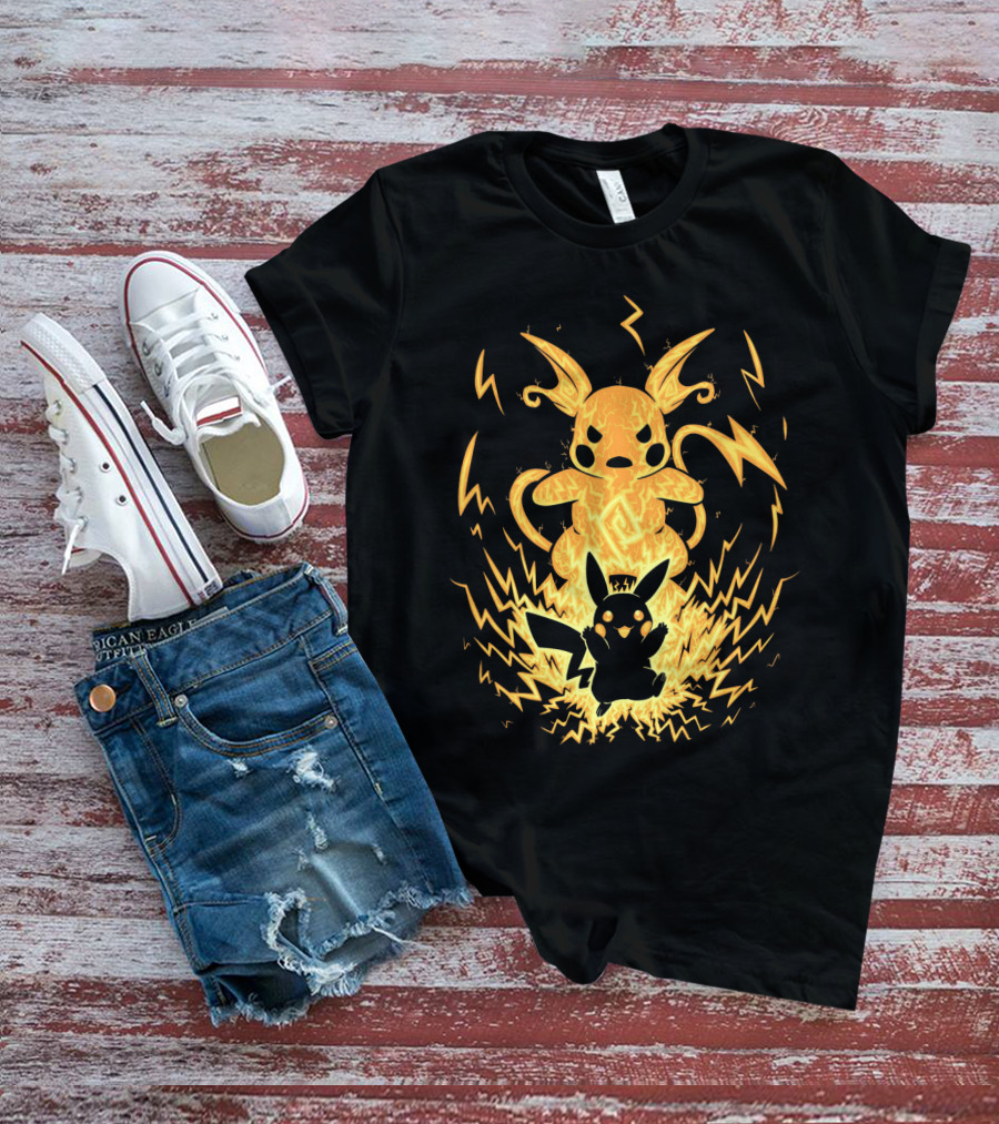 EVOLUTION POKEMON RAICHU WITH PIKACHU AND LIGHTNING BACKGROUND T-Shirt