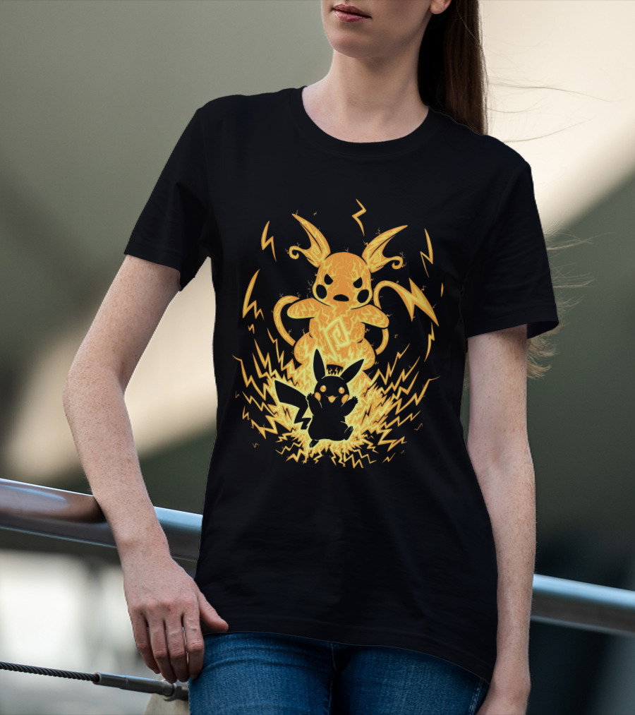 EVOLUTION POKEMON RAICHU WITH PIKACHU AND LIGHTNING BACKGROUND T-Shirt