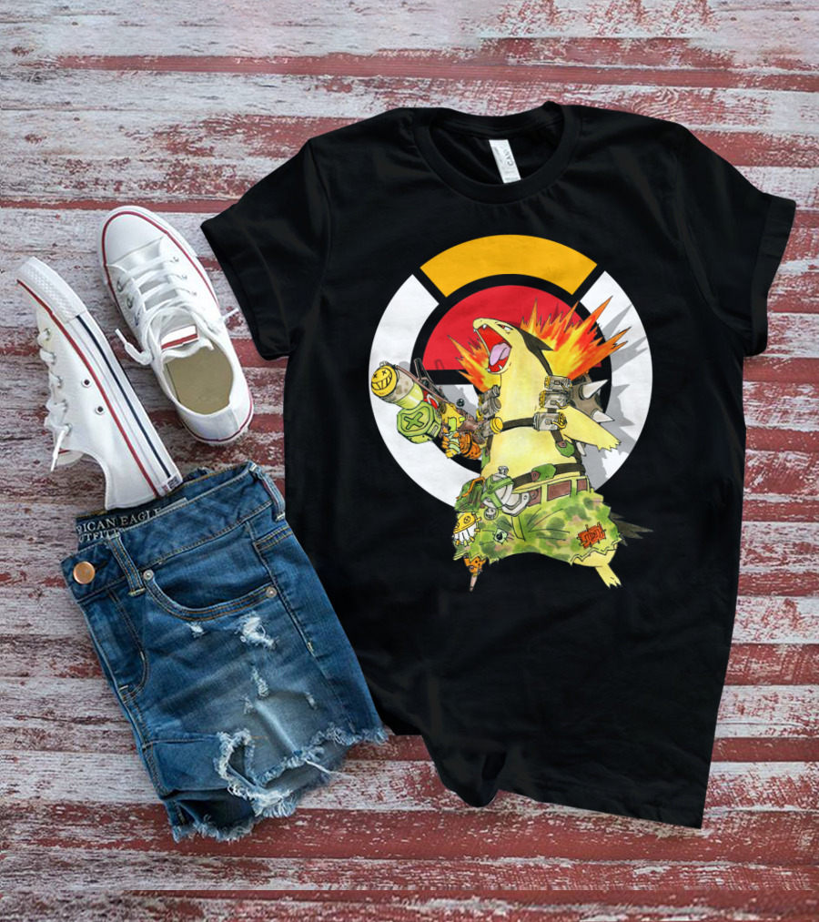 POKEMON TYPHLOSION JUNKRAT CROSSOVER SYMBOL BACKGROUND T-Shirt