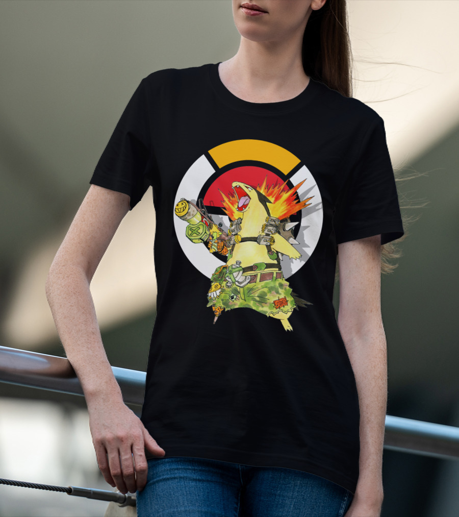 POKEMON TYPHLOSION JUNKRAT CROSSOVER SYMBOL BACKGROUND T-Shirt