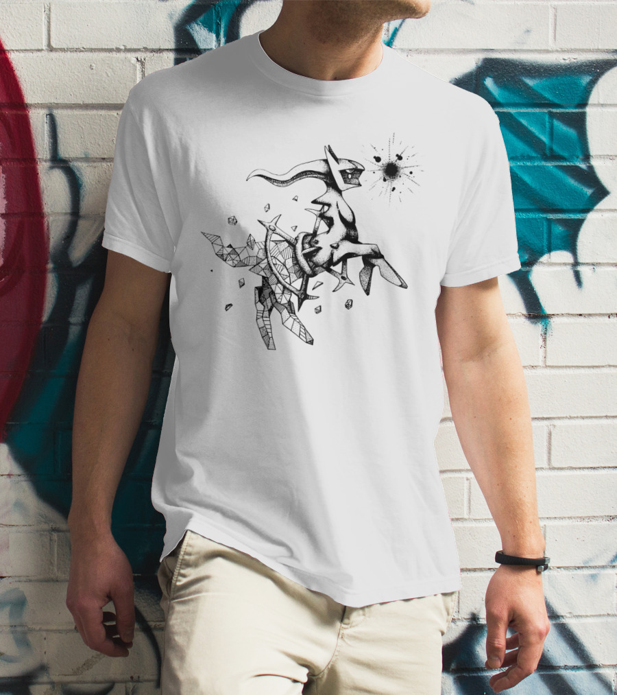 Geometric Pokemon Arceus Monochrome Ink Sketch With Abstract Fragmentation Elements T-Shirt