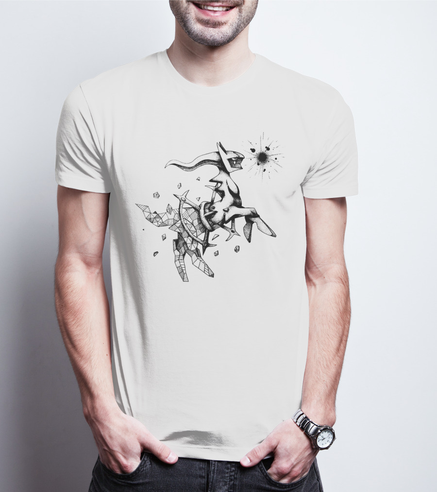 Geometric Pokemon Arceus Monochrome Ink Sketch With Abstract Fragmentation Elements T-Shirt
