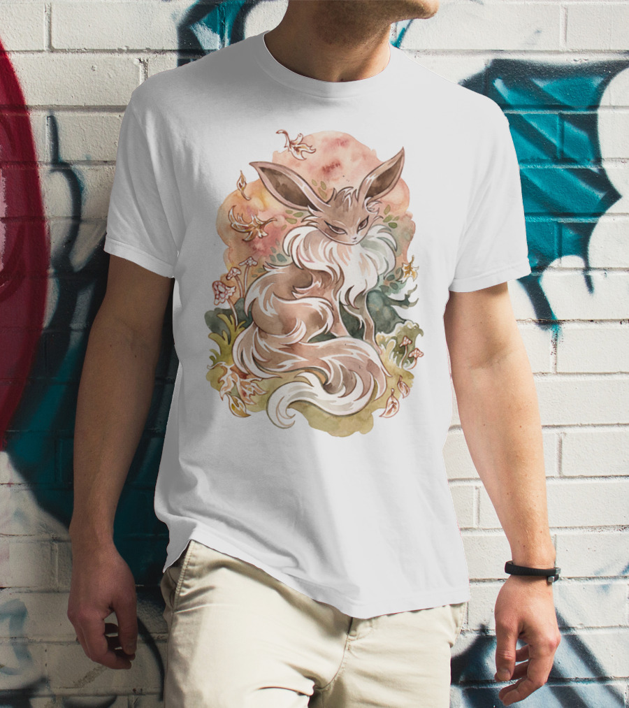 Watercolor Pokemon Eevee With Autumn Leaves And Flowers T-Shirt