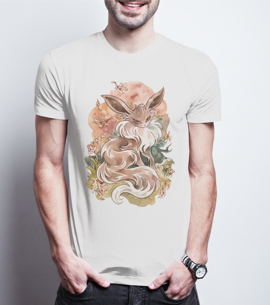 Watercolor Pokemon Eevee With Autumn Leaves And Flowers T-Shirt