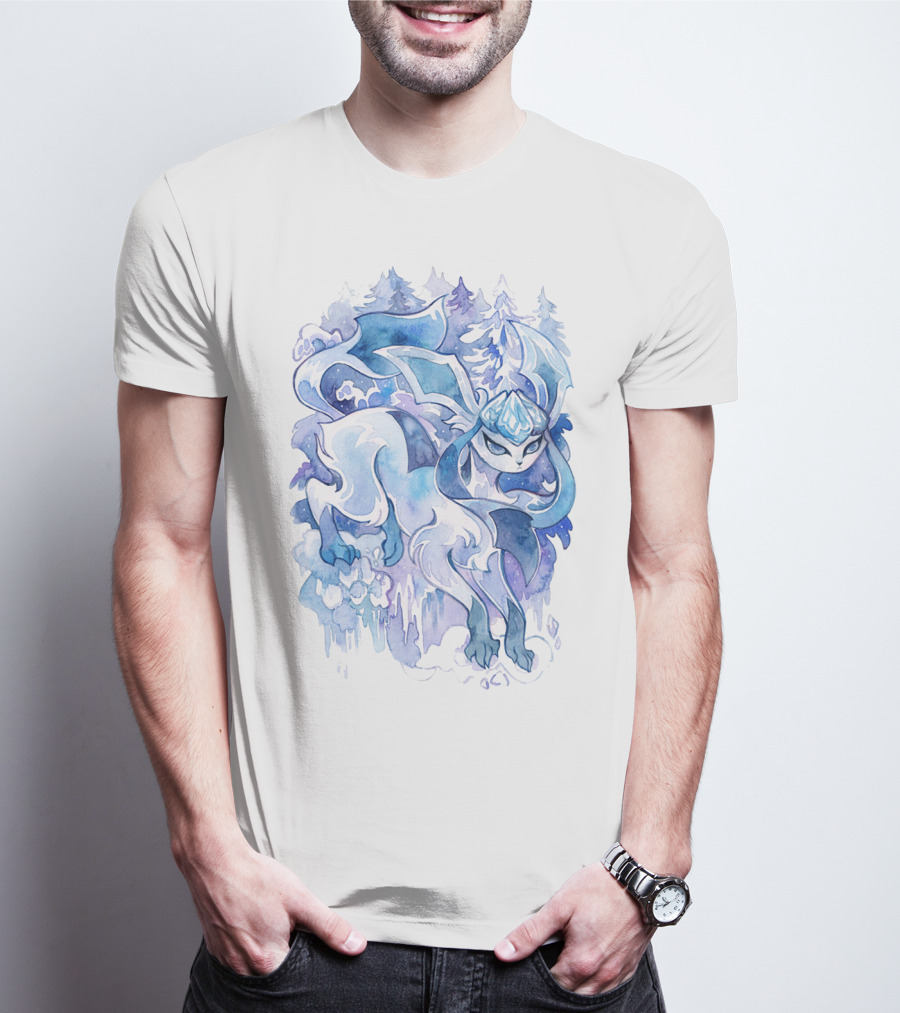 WATERCOLOR POKEMON GLACEON SNOWY FOREST BACKGROUND T-Shirt
