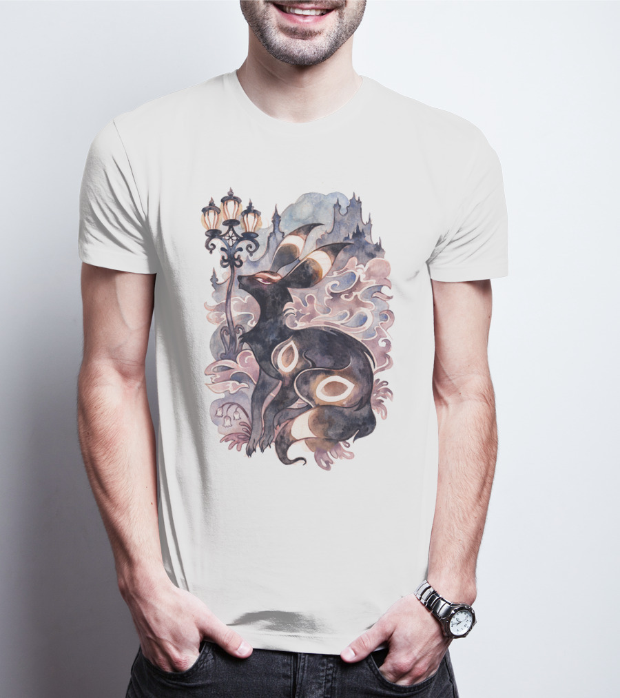 WATERCOLOR POKEMON UMBREON LAMPPOST CASTLE SKY BACKGROUND T-Shirt