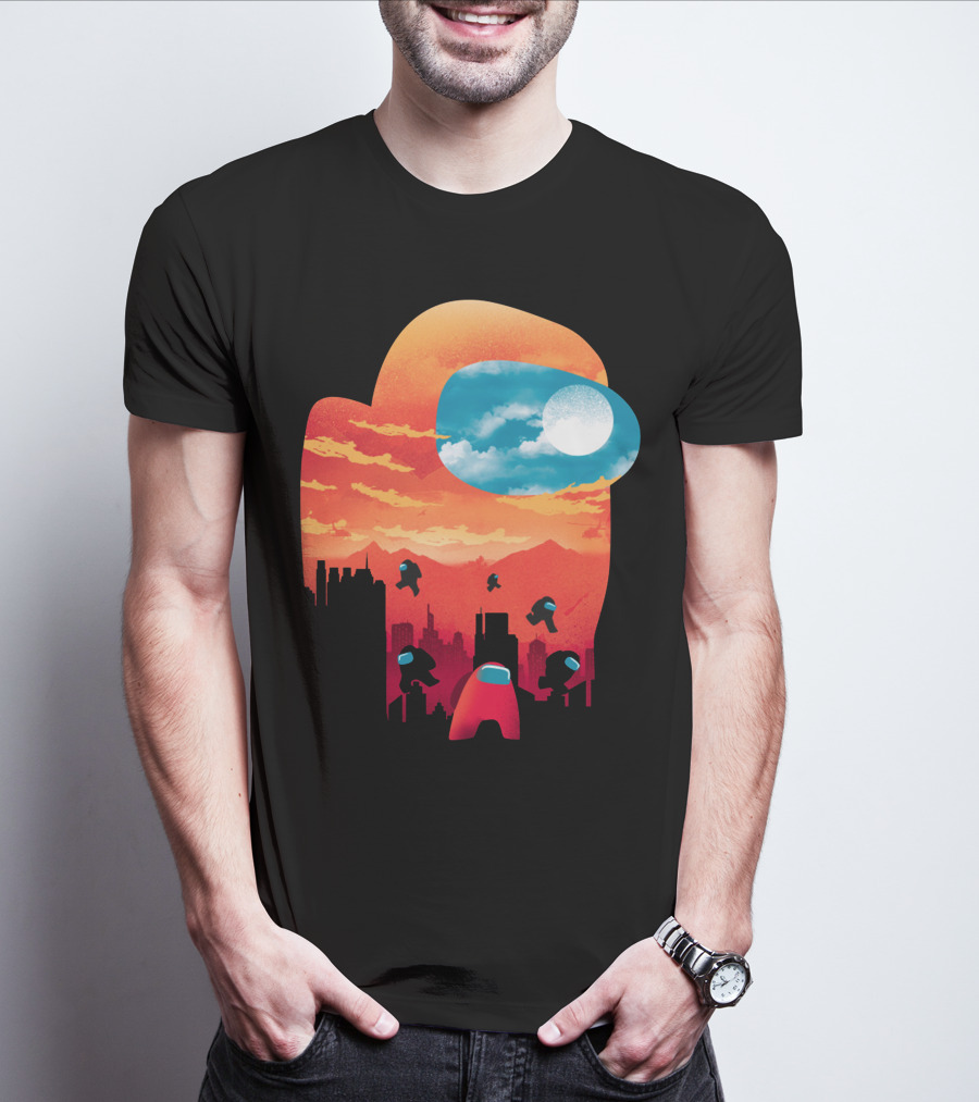 Sunset Among Us Impostors Skyline Scene T-Shirt