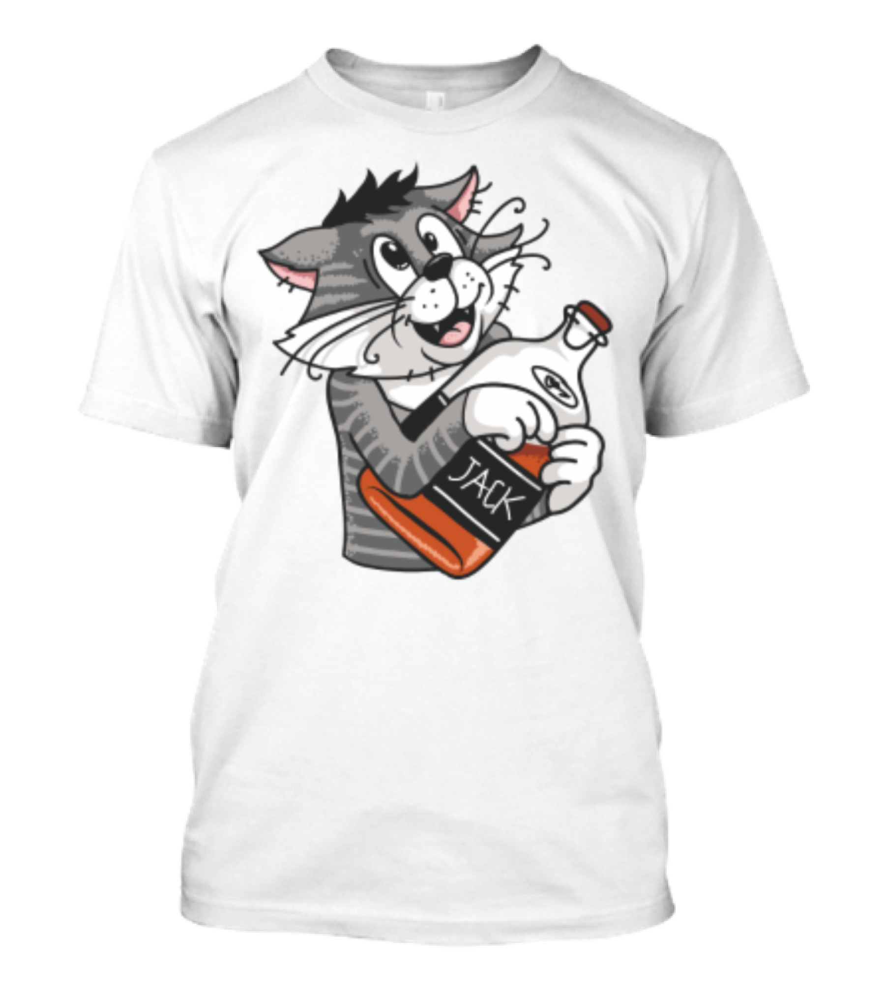 Jack Whiskey Cat Hugging Bottle Playful Striped Kitty Character T-Shirt