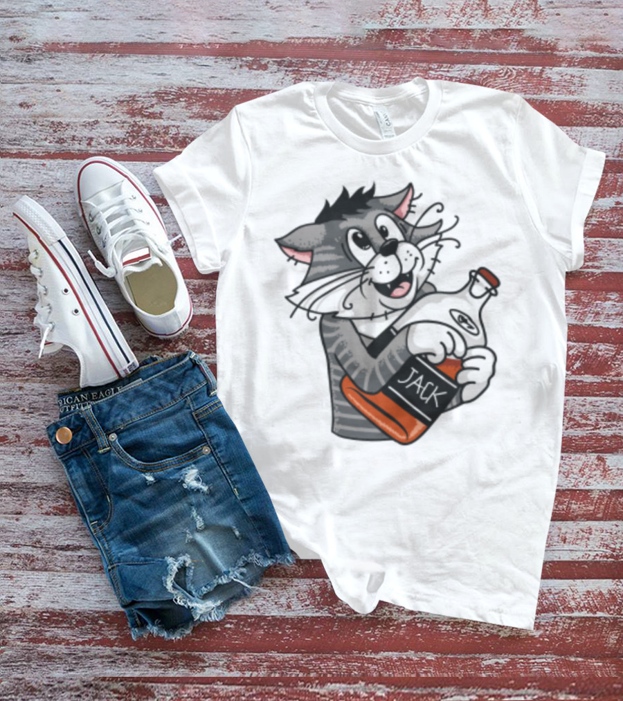 Jack Whiskey Cat Hugging Bottle Playful Striped Kitty Character T-Shirt