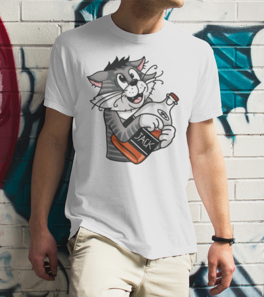 Jack Whiskey Cat Hugging Bottle Playful Striped Kitty Character T-Shirt
