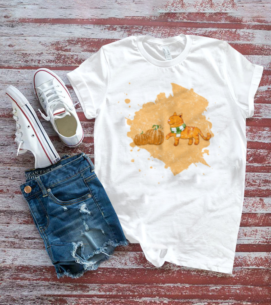 Kitty With Scarf And Pumpkins On Splash Background T-Shirt