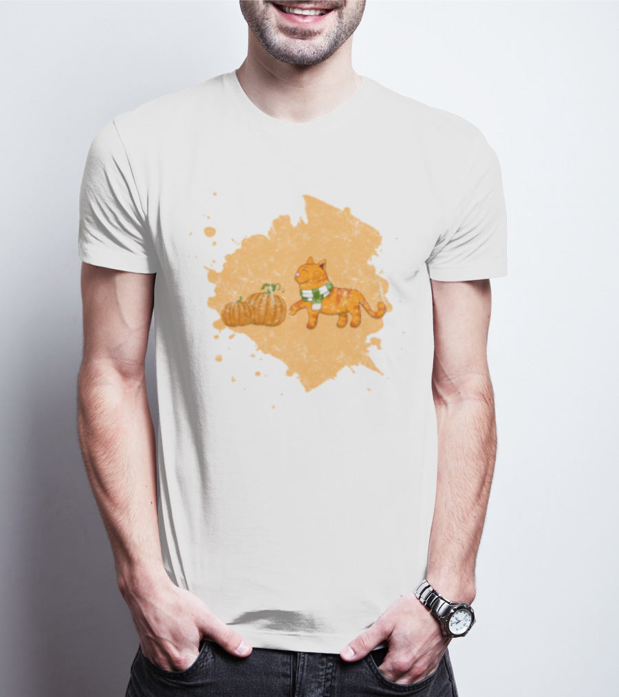 Kitty With Scarf And Pumpkins On Splash Background T-Shirt