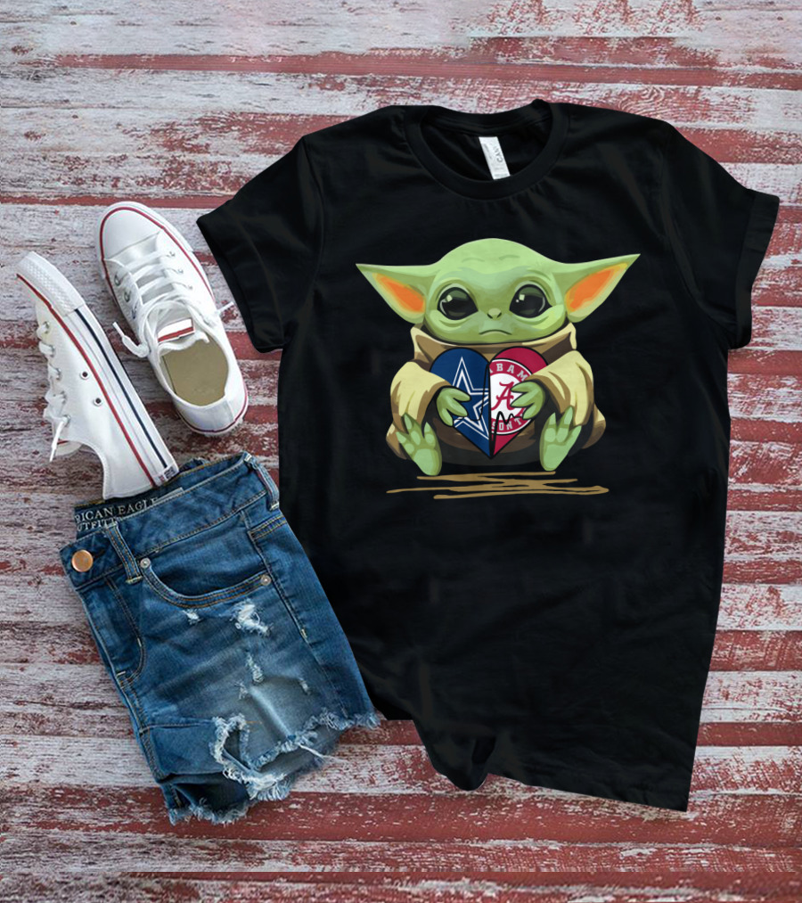 Baby Yoda Holding Cowboys Star And Crimson Tide Heart T-Shirt