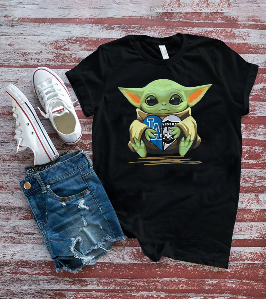 Baby Yoda Holding Heart With Raiders Dodgers Logos T-Shirt