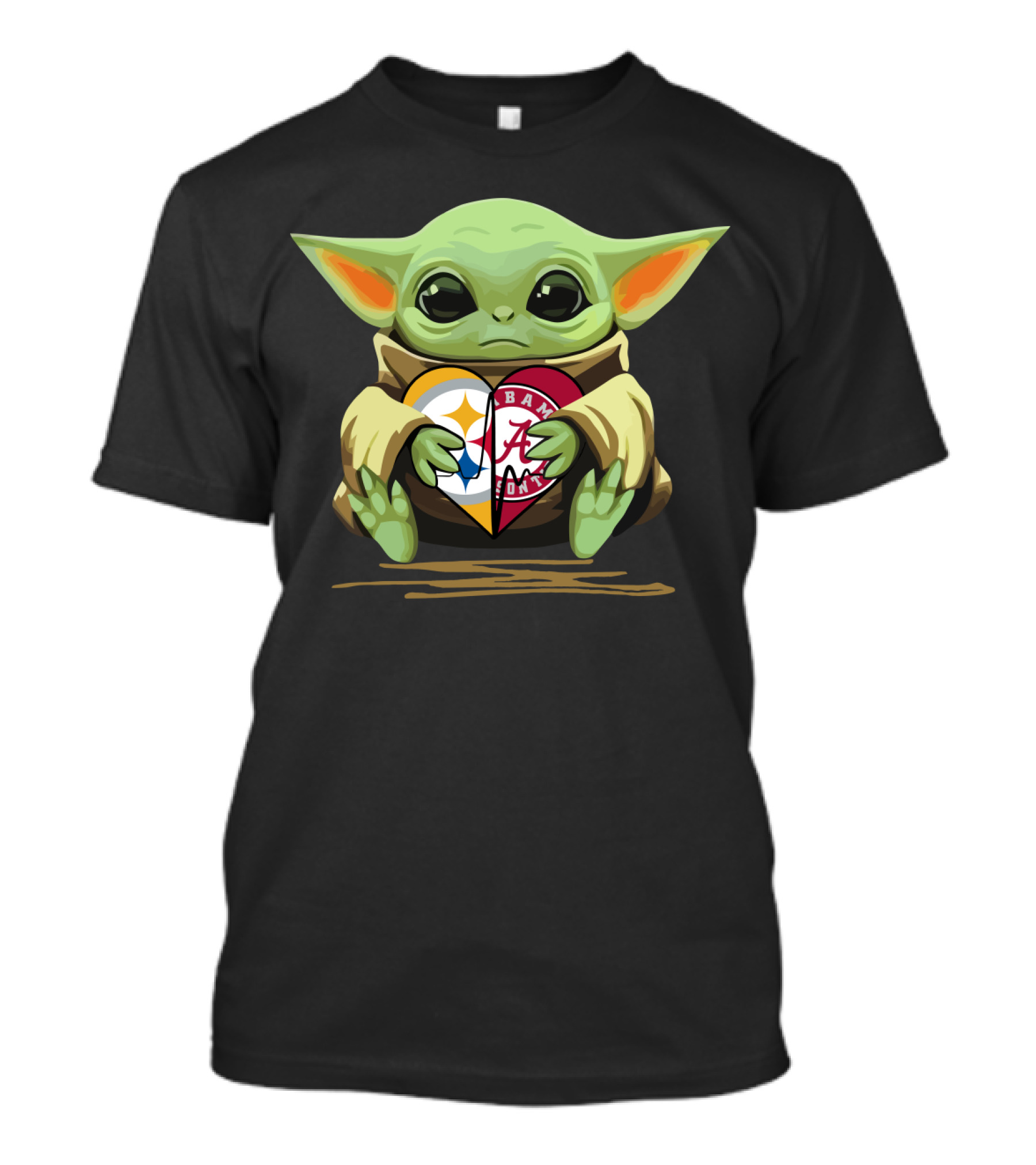 Baby Yoda Holding Pittsburgh Steelers Crimson Tide Alabama Heart T-Shirt
