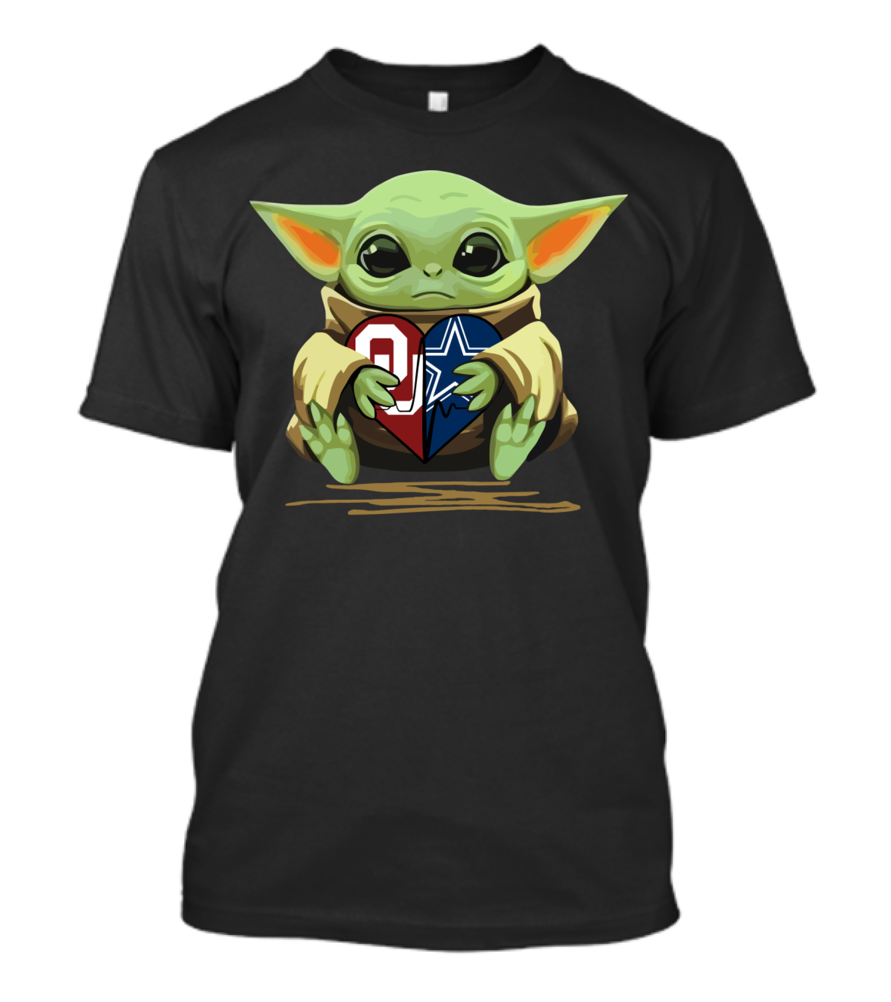 Baby Yoda Holding Oklahoma Sooners And Dallas Cowboys Heart T-Shirt