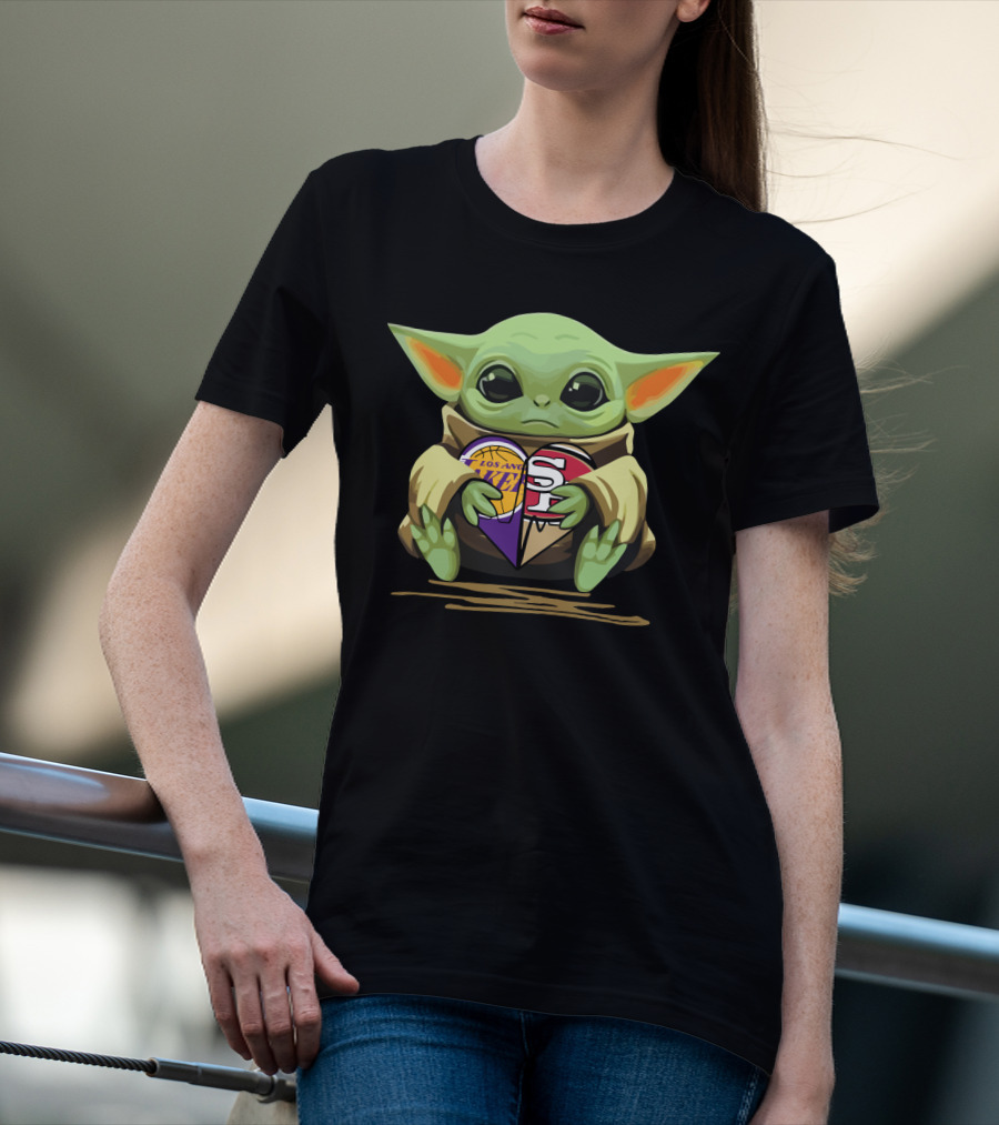 Baby Yoda Holding Los Angeles Lakers San Francisco 49ers Heart T-Shirt