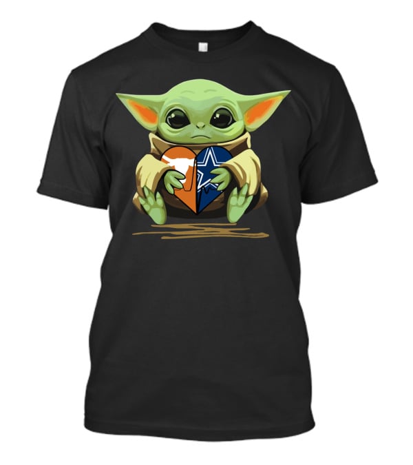 Baby Yoda Holding Texas Longhorns And Dallas Cowboys Heart T-Shirt