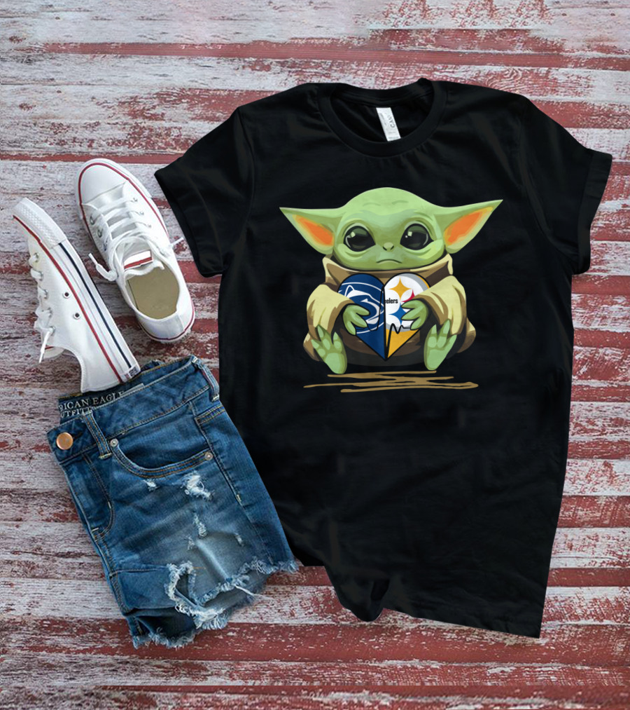 Baby Yoda Holding Steelers And Lions Heart Logo Fan Love T-Shirt