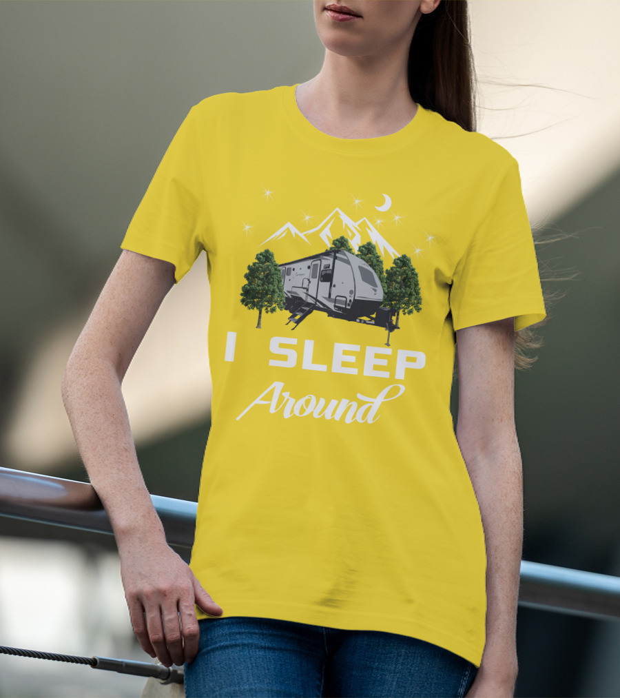 I SLEEP AROUND Forest River Surveyor Camper And Mountain Scene T-Shirt