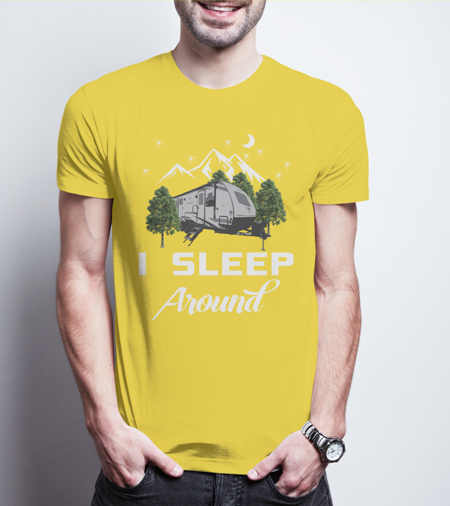 I SLEEP AROUND Forest River Surveyor Camper And Mountain Scene T-Shirt