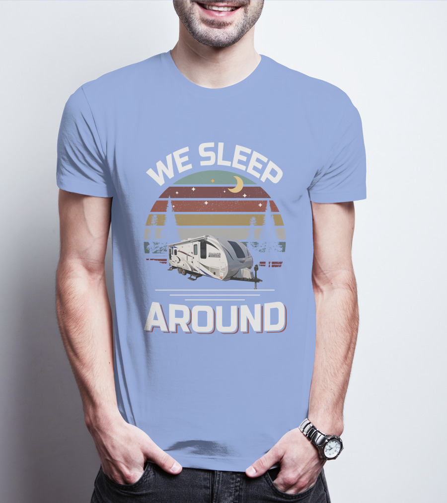 WE SLEEP AROUND Camper Moon Trees Retro Stripes T-Shirt