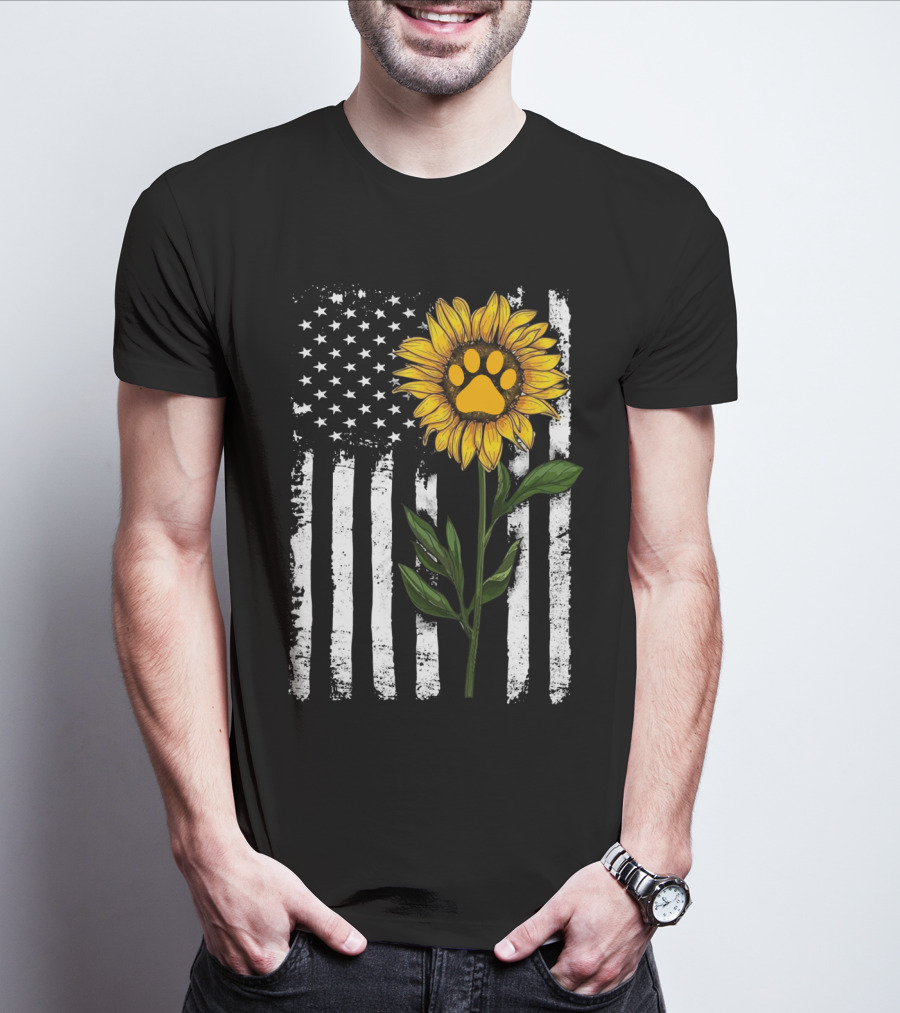 Sunflower Paw American Flag Vertical Stripes T-Shirt