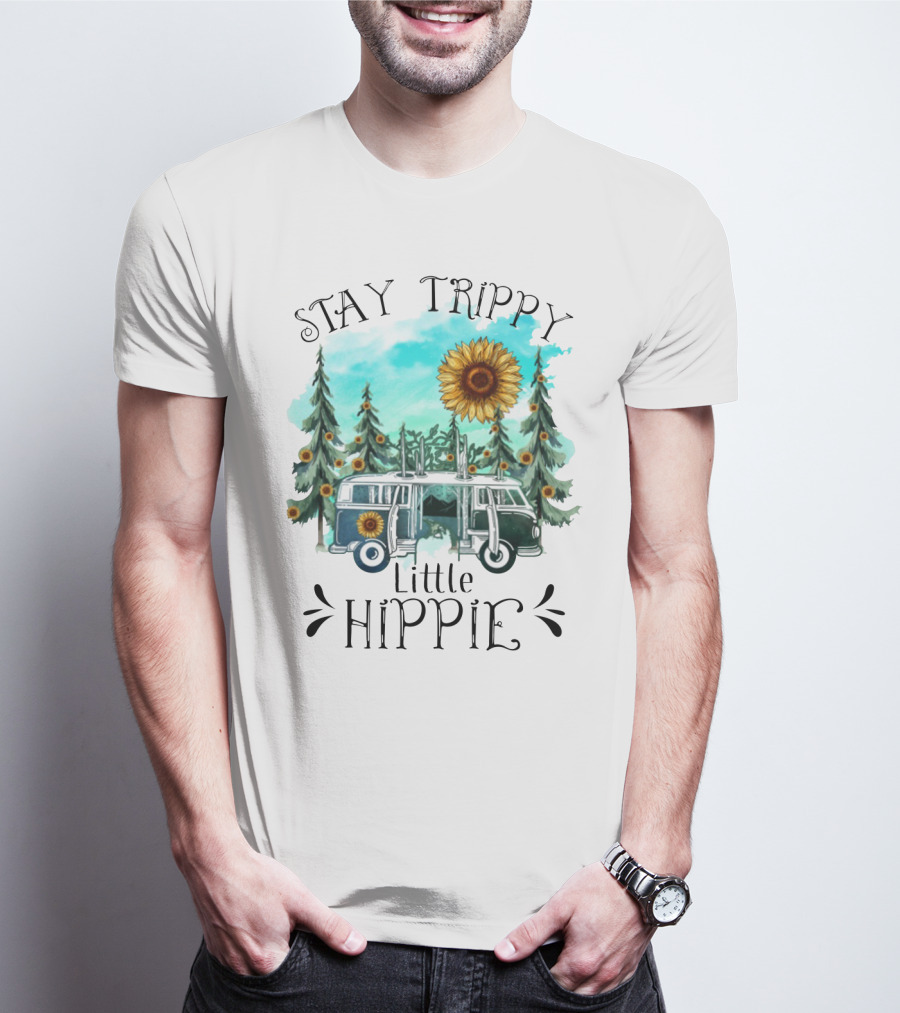 Stay Trippy Little Hippie Sunflower Van Among Forest Pines T-Shirt