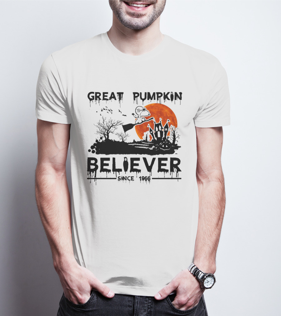 Great Pumpkin Believer Since 1966 Snoopy Flying On Broomstick Halloween Scene T-Shirt